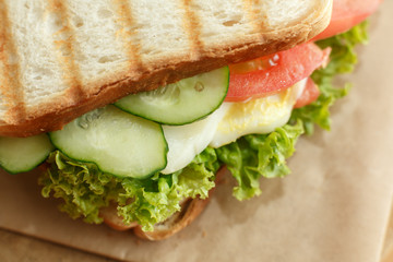 Closeup juicy sandwich with bacon, fresh vegetables, green salad and dark lines after grill