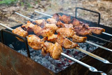 Cooking pork meat on the fire. Skewers with shashlik barbeque BBQ grill outdoor picnic.