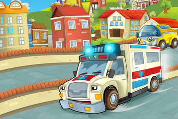 cartoon scene in the city with happy ambulance driving through the city - illustration for children