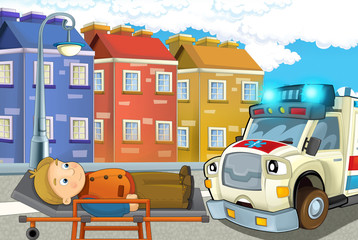cartoon scene in the city with car happy ambulance and man injured on stretcher - illustration for children