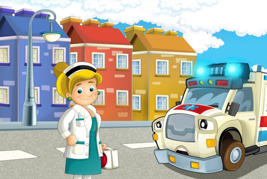 cartoon scene in the city with lady doctor and car happy ambulance - illustration for children