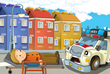 Obraz na płótnie Canvas cartoon scene in the city with car happy ambulance and man injured on stretcher - illustration for children