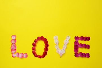 The word Love made from petals of Alstroemeria flowers and text space