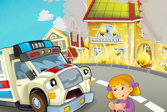 cartoon scene in the city with ambulance driving through the city to fire accident to help people - illustration for children © honeyflavour
