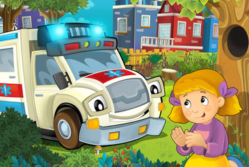 Obraz na płótnie Canvas cartoon scene in the city with ambulance driving through the city to fire accident to help child in the park - illustration for children