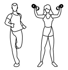 athletic man running and woman weight lifting