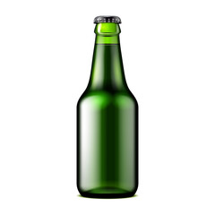 Glass Dark Green Beer, Ale, Cider Bottle. Carbonated Soft Drink. Mock Up Template. Illustration Isolated On White Background. Ready For Your Design. Product Packaging. Vector EPS10