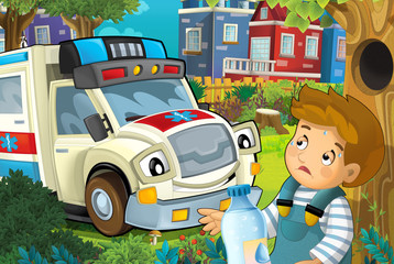 cartoon scene in the city with ambulance driving through the city to fire accident to help child in the park - illustration for children