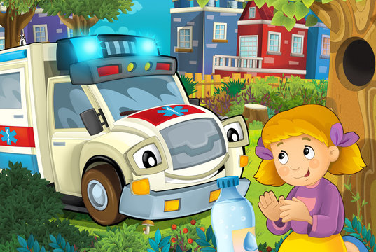 cartoon scene in the city with ambulance driving through the city to fire accident to help child in the park - illustration for children © honeyflavour
