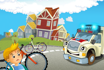 Obraz na płótnie Canvas cartoon scene with kid after bicycle accident and ambulance coming to help - illustration for children