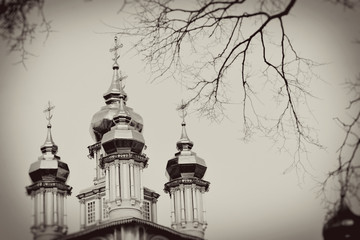 Trinity Serguis Lavra, Russia. Vintage style sepia photo.