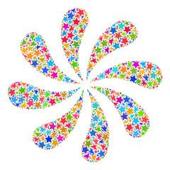 Mosaic flower fireworks designed with colored flat stars, and small round dots. Raster colored abstraction of flower fireworks. Festive design for celebration illustrations.