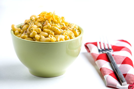 Mac And Cheese In A Green Bowl.