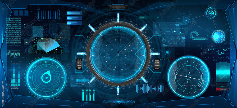 Poster Futuristic VR Head-up Display Design. Sci-Fi Helmet HUD. Future Technology Display Design. Headset virtual reality. Viewfinder design. Vector set