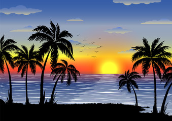 Exotic tropical  landscape with  palms. Palm trees at sunset or moonlight. Seascape. Tourism and travelling. Vector flat design