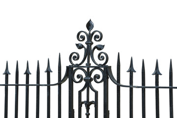 Iron Fence Isolated On White Background. Leaves, Scrolls and Spears