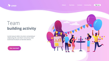 Happy tiny business people dancing, having fun and drinking wine. Corporate party, team building activity, corporate event idea concept. Website vibrant violet landing web page template.