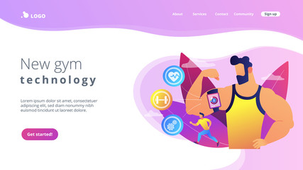 Fitness man doing workout with smart digital gadget for keeping fit exercises. Smart training, smart training tools, new gym technology concept. Website vibrant violet landing web page template.