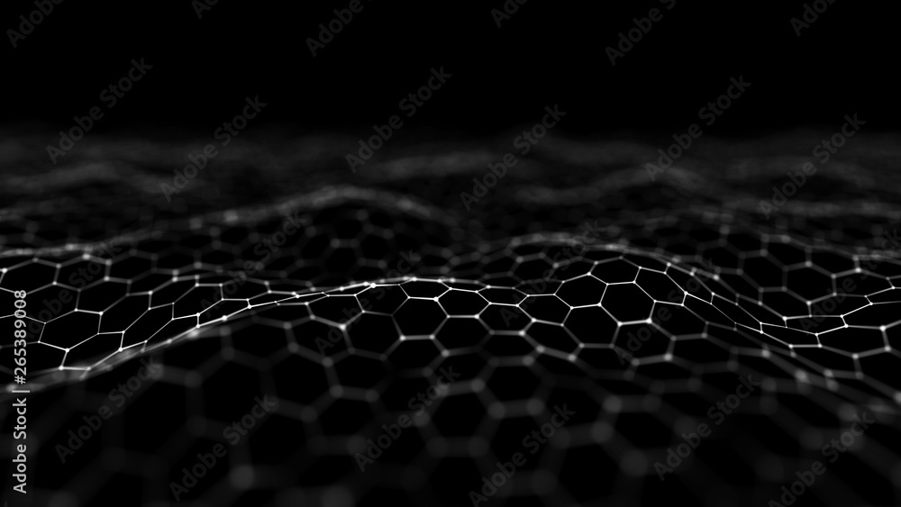 Poster futuristic black hexagon background. futuristic honeycomb concept. wave of particles. 3d rendering. 