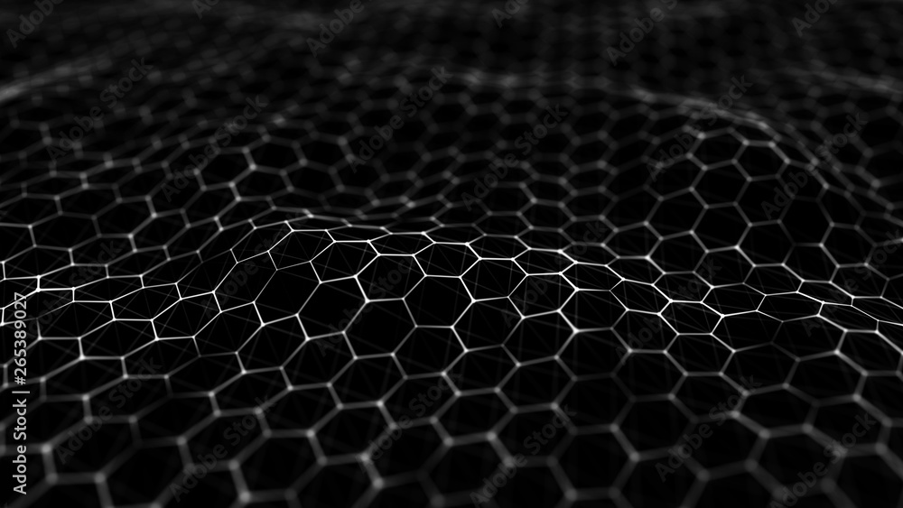 Poster futuristic black hexagon background. futuristic honeycomb concept. wave of particles. 3d rendering. 