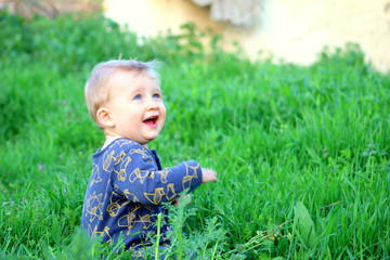 Toddler blond boy on green bright grass on a sunny day, selective focus.