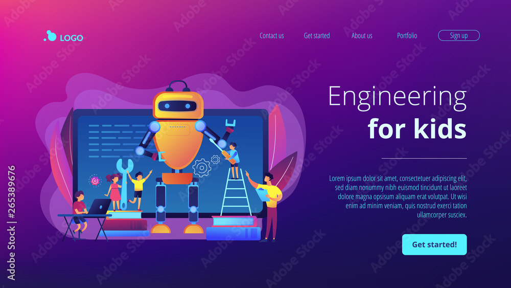 Poster kids programming and creating robot at class, tiny people. engineering for kids, learn science activ