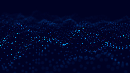 Wave 3d. Wave of particles. Abstract Blue Geometric Background. Big data visualization. Data technology abstract futuristic illustration. 3d rendering.