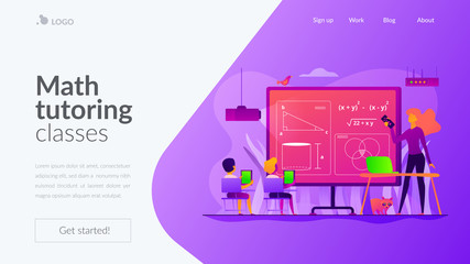 Kids studying mathematics in digital classroom with teacher, tiny people. Math lessons, digital maths laboratory, math tutoring classes concept. Website homepage header landing web page template. - obrazy, fototapety, plakaty