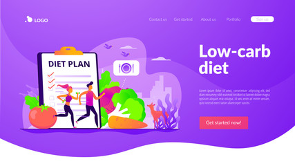 Tiny people fit couple training, nutrition control, diet plan and vegetables. Weight loss diet, low-carb diet, healthy meal food concept. Website homepage header landing web page template.