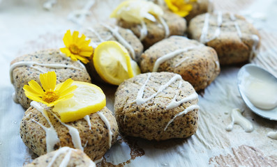 Lemon poppy seed bread squares with icing and lemons as garnish on food.