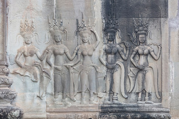 Bas relief sculptures in the amazing Angkor Wat temple, Siem Reap, Cambodia