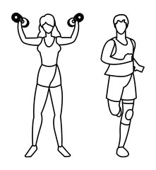 athletic man running and woman weight lifting