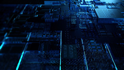 Circuit board futuristic server code processing. Orange,  green, blue technology background with bokeh. 3d Illustration