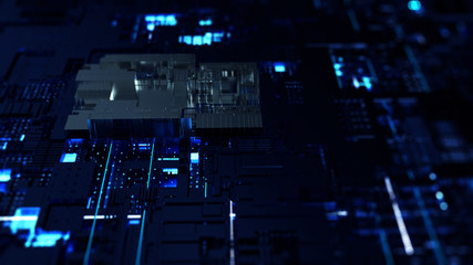 Circuit board futuristic server code processing. Orange,  green, blue technology background with bokeh. 3d Illustration