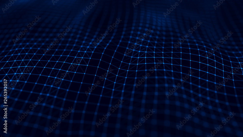 Poster wave 3d. abstract 3d big data visualization. visual information complexity. plexus affect. network c