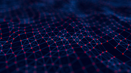 Wave 3d. Abstract 3D big data visualization. Visual information complexity. Plexus affect. Network connection structure. Abstract Neural Network. 3d rendering.