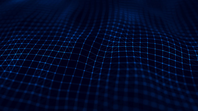 Wave 3d. Abstract 3D big data visualization. Visual information complexity. Plexus affect. Network connection structure. Abstract Neural Network. 3d rendering.