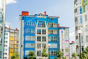 Butovo district, new building, panoramic view into the territory near the house, new houses, building, architecture, park and lake. Autumn and beautiful, cumulus clouds