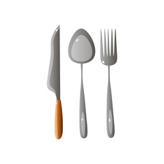 Steel knife with wood hand, metal spoon and fork