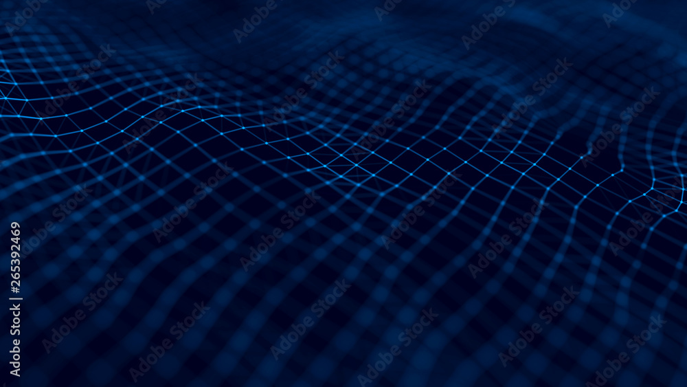 Poster wave 3d. abstract 3d big data visualization. visual information complexity. plexus affect. network c