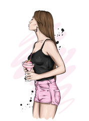 Beautiful girl in a stylish hat, t-shirt and shorts. Summer clothes. Fashion & Style. Vector illustration for greeting card or poster.