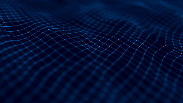 Wave 3d. Abstract 3D big data visualization. Visual information complexity. Plexus affect. Network connection structure. Abstract Neural Network. 3d rendering.