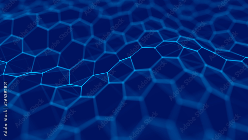 Poster futuristic blue hexagon background. futuristic honeycomb concept. wave of particles. 3d rendering. d