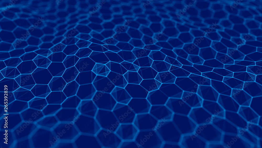 Poster futuristic blue hexagon background. futuristic honeycomb concept. wave of particles. 3d rendering. d