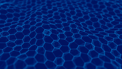 Futuristic blue hexagon background. Futuristic honeycomb concept. Wave of particles. 3D rendering....