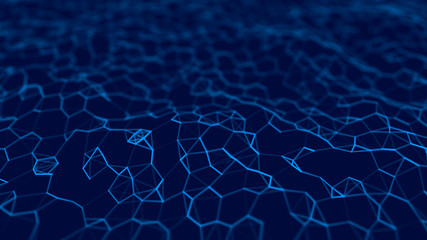 Futuristic blue hexagon background. Futuristic honeycomb concept. Wave of particles. 3D rendering. Data technology background