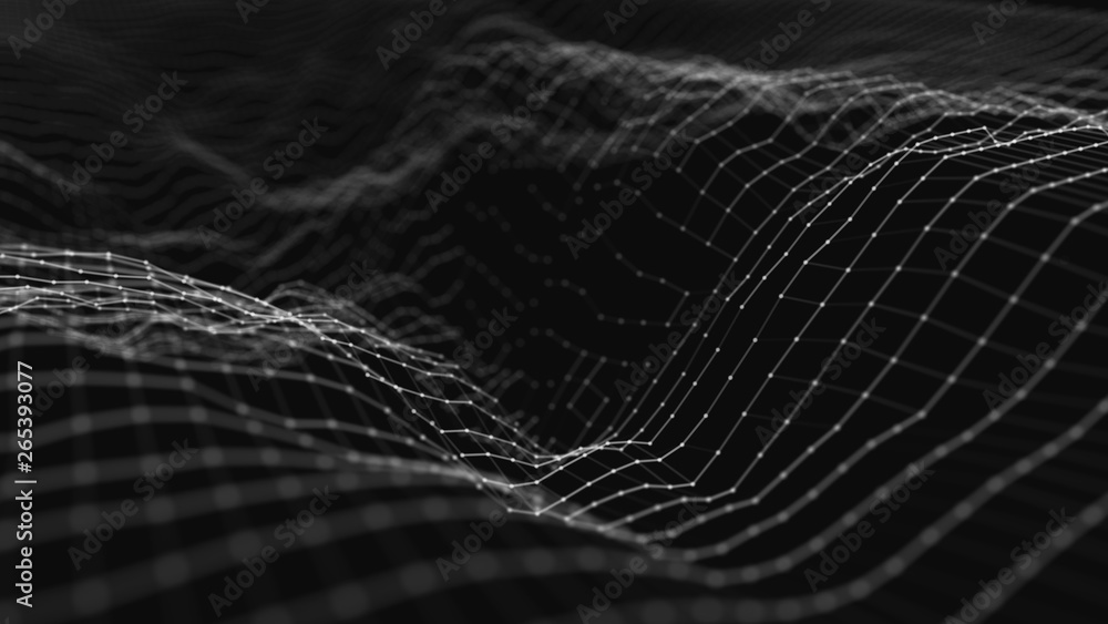 Poster Wave 3d. Wave of particles. Abstract background with a futuristic wave. Big data visualization. Technology concept. 3d landscape. 3d rendering.