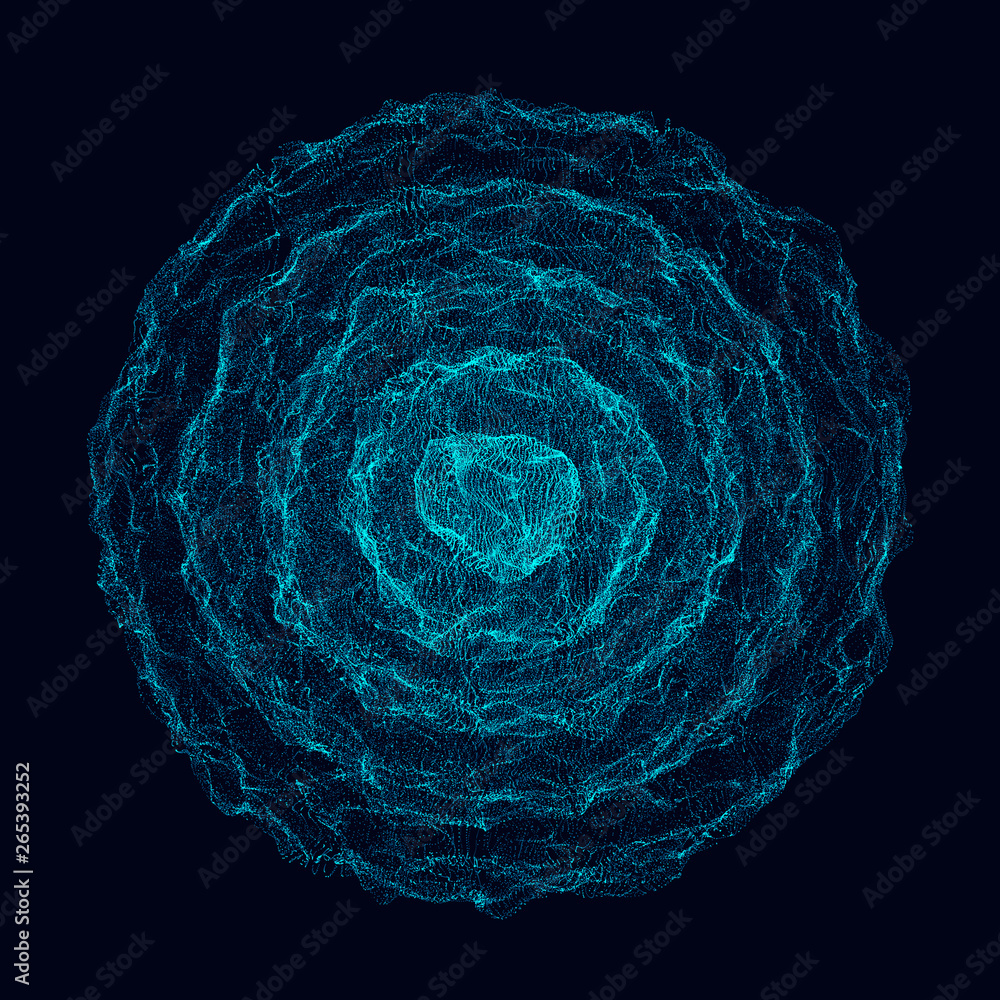 Poster Abstract 3d sphere. Sphere with twist lines. Glowing lines twisting Logo design. Outer space object. Futuristic technology style. Sphere particles. 3d rendering.