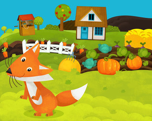 cartoon happy and funny farm scene with happy fox - illustration for children