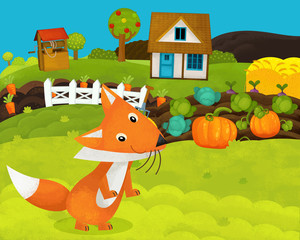 cartoon happy and funny farm scene with happy fox - illustration for children